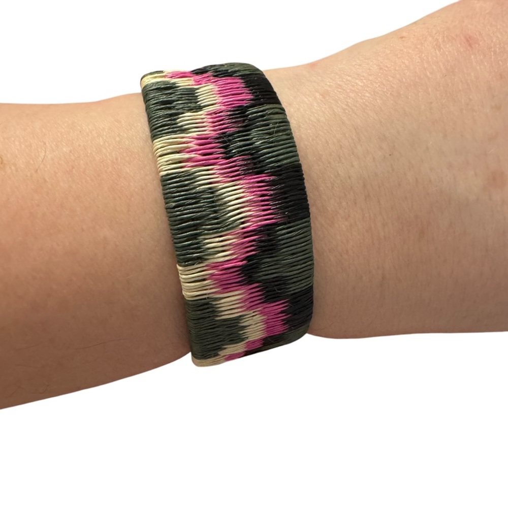 Woven Palm Bangle Cuff Bracelet 850 Silver Green Pink Wide Chunky Boho